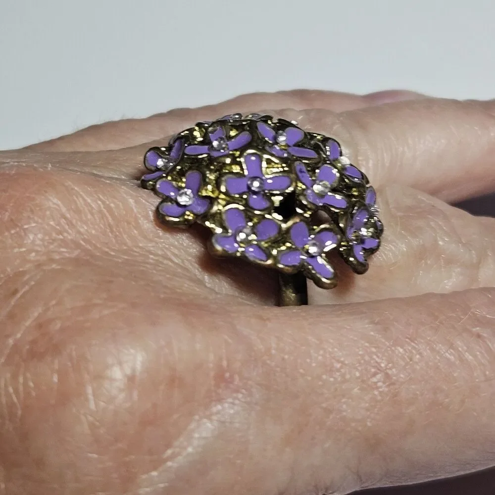 Gold Tone Purple Enamel Flower Ring With Clear Rhinestone Accents Adjustable